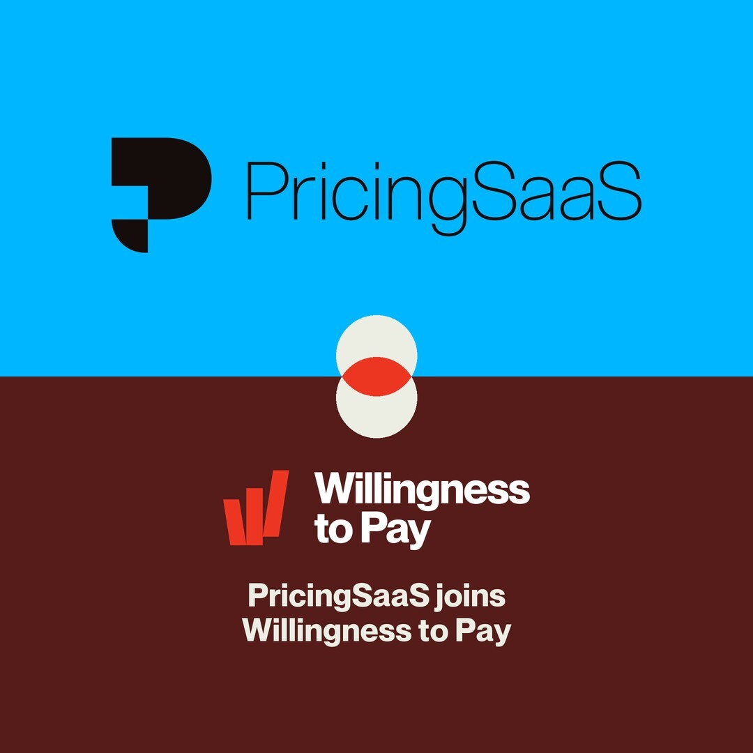 PricingSaaS joins Willingness to Pay. The PricingSaaS logo on a blue field above the Willingness to Pay logo on a maroon field, joined by two interlocking circles.
